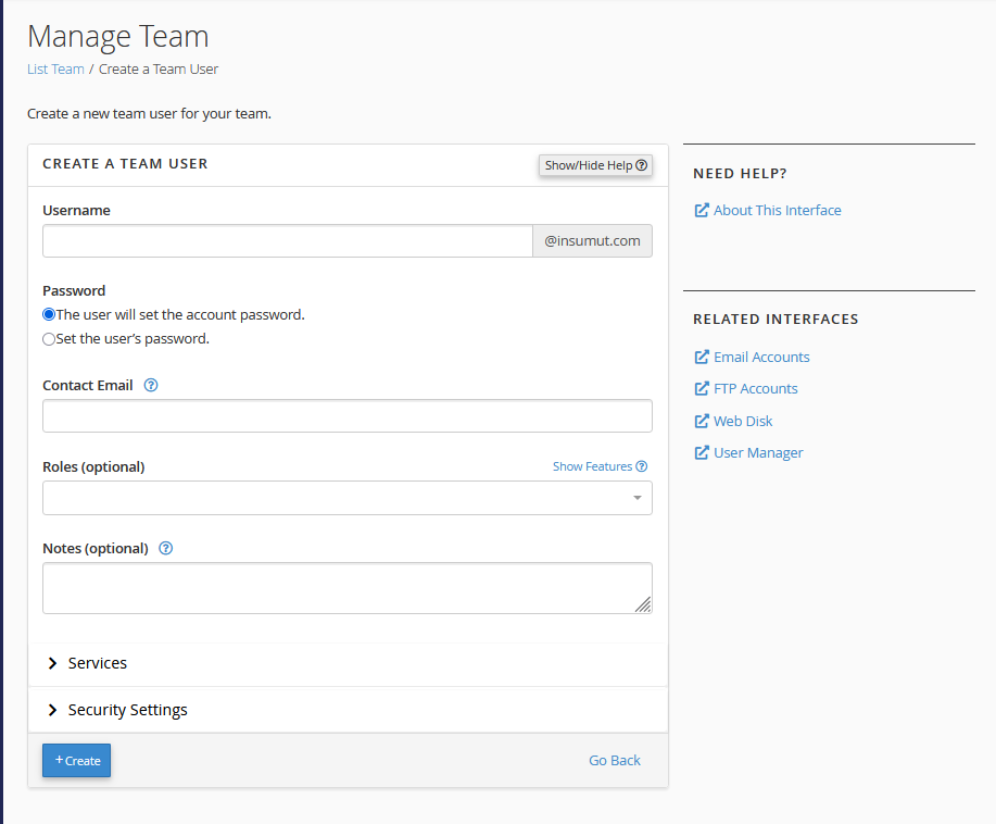 Create User Team pada Manage Team