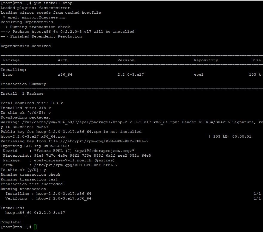 Sample Output penginstallan htop pada centos 7