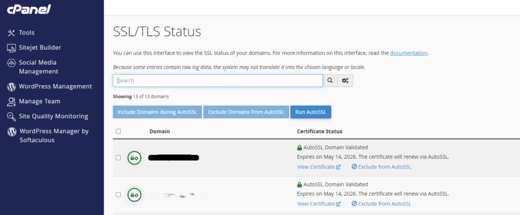 tampilan menu SSL/TLS Status pada cPanel akun hosting