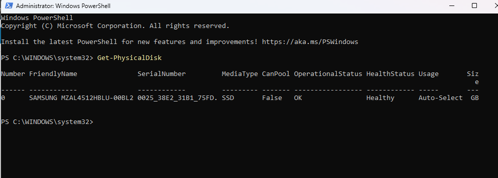 cek kesehatan disk hdd ssd powershell